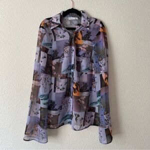 ASOS sheer patchwork print floral nature outdoors button down shirt, size 6
